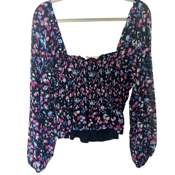 LeyDen Long Sleeve Off the Shoulder Ruffle Shirred Crop Top in Kaleidscope - Picture 5 of 11